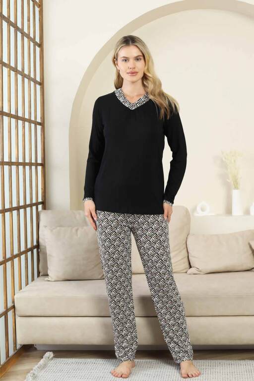 Etnik Desenli Kadın Pijama Takımı - Siyah V Yaka Uzun Kollu Bambu Likralı 2866UY - Alimer