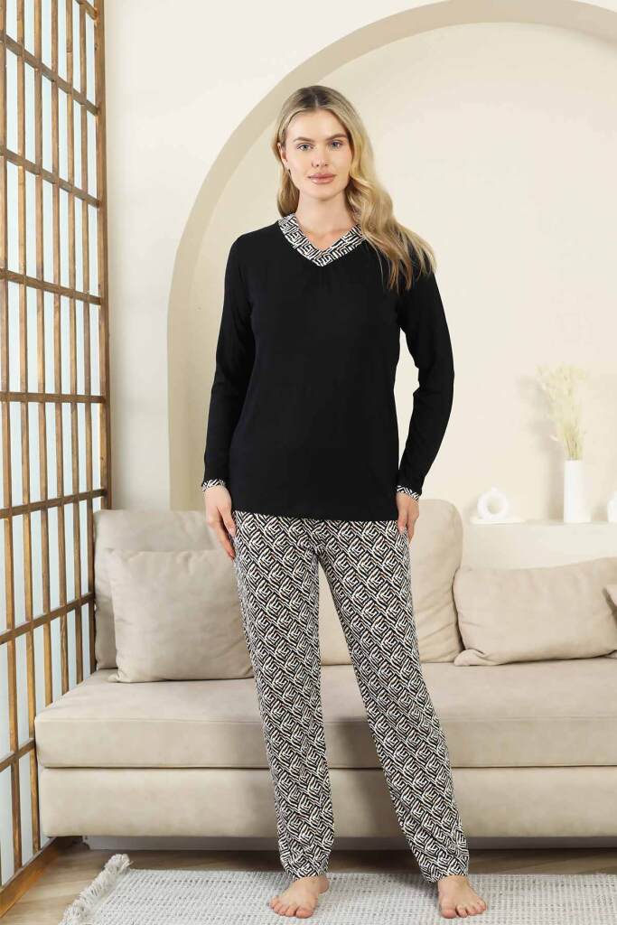 Etnik Desenli Kadın Pijama Takımı - Siyah V Yaka Uzun Kollu Bambu Likralı 2866UY - 1
