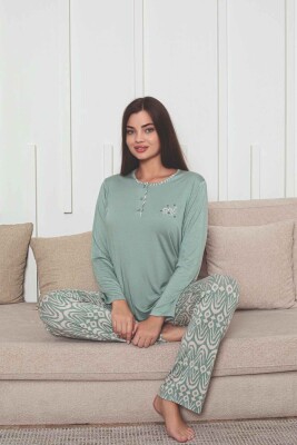 Etnik Desenli Kadın Pijama Takımı - Yeşil Nakışlı Uzun Kollu Likralı Kumaş 2878UY - 5