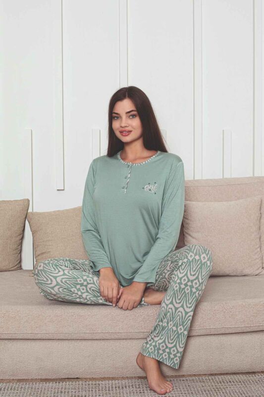 Etnik Desenli Kadın Pijama Takımı - Yeşil Nakışlı Uzun Kollu Likralı Kumaş 2878UY - 5