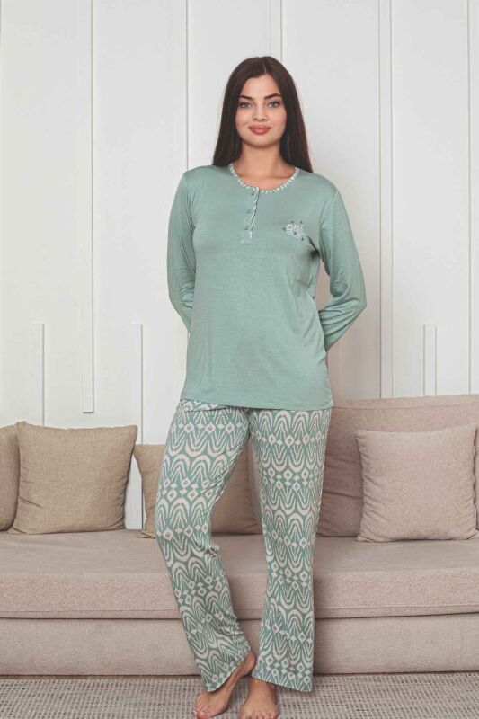 Etnik Desenli Kadın Pijama Takımı - Yeşil Nakışlı Uzun Kollu Likralı Kumaş 2878UY - 2