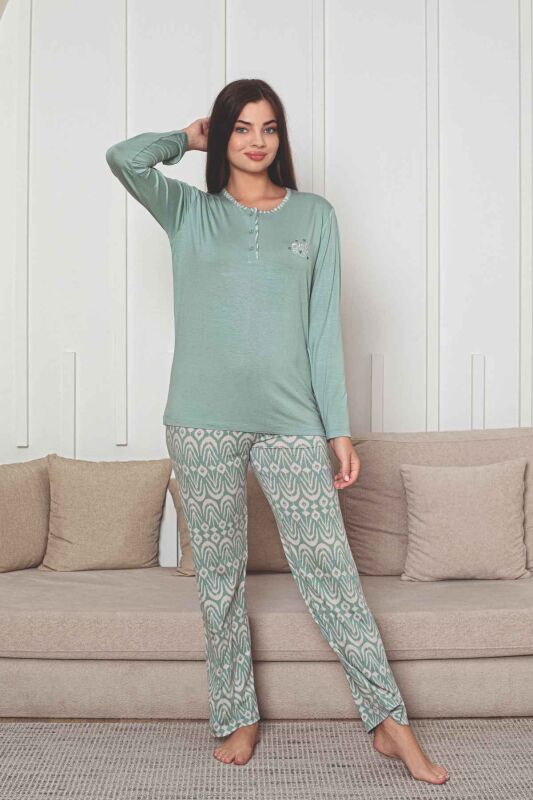 Etnik Desenli Kadın Pijama Takımı - Yeşil Nakışlı Uzun Kollu Likralı Kumaş 2878UY - 3