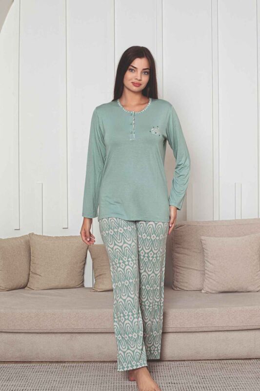 Etnik Desenli Kadın Pijama Takımı - Yeşil Nakışlı Uzun Kollu Likralı Kumaş 2878UY - 1