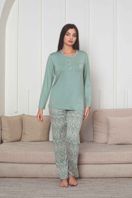 Etnik Desenli Kadın Pijama Takımı - Yeşil Nakışlı Uzun Kollu Likralı Kumaş 2878UY - 4