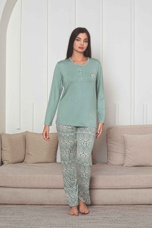 Etnik Desenli Kadın Pijama Takımı - Yeşil Nakışlı Uzun Kollu Likralı Kumaş 2878UY - 4