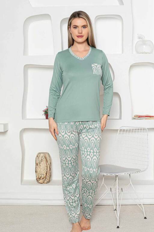Etnik Desenli Kadın Pijama Takımı - Yeşil Uzun Kollu Milan kumaş 2824UY - 3