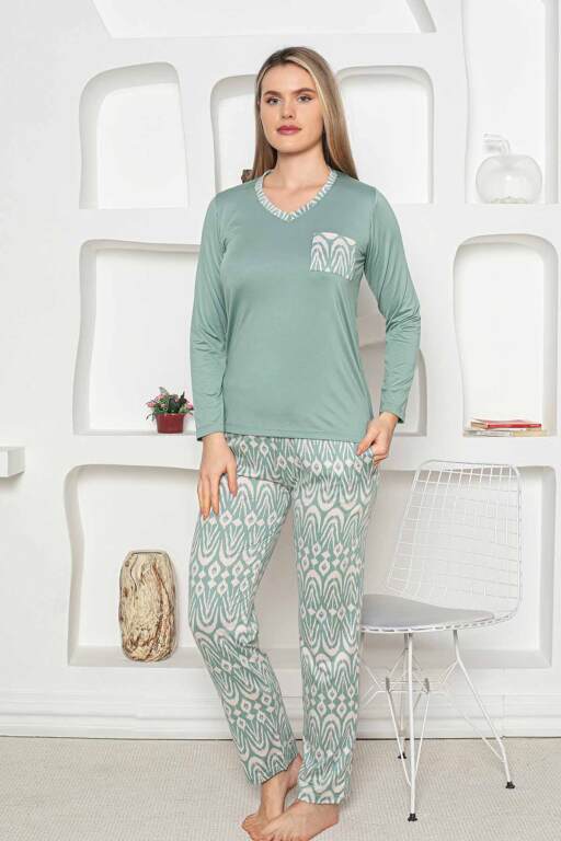 Etnik Desenli Kadın Pijama Takımı - Yeşil Uzun Kollu Milan kumaş 2824UY - 4