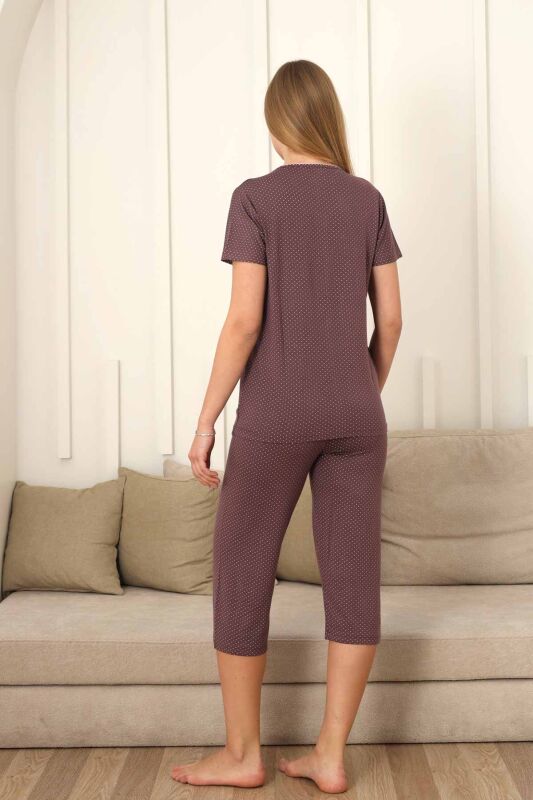 Fiyonklu Kadın Pijama Takımı - Gülkurusu Puantiyeli Kapri Likralı 2828B - 3
