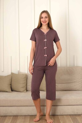 Fiyonklu Kadın Pijama Takımı - Gülkurusu Puantiyeli Kapri Likralı 2828B - 1