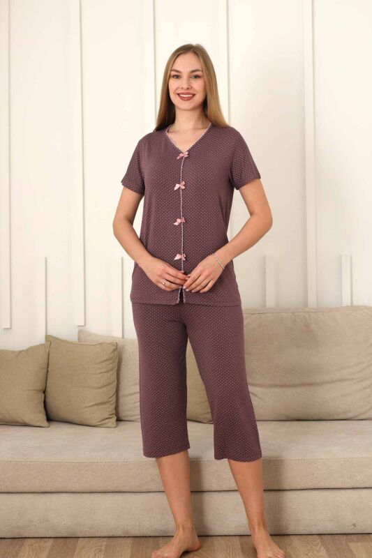 Fiyonklu Kadın Pijama Takımı - Gülkurusu Puantiyeli Kapri Likralı 2828B - 4