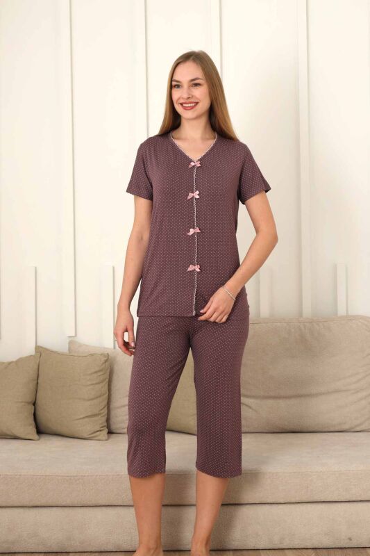 Fiyonklu Kadın Pijama Takımı - Gülkurusu Puantiyeli Kapri Likralı 2828B - 5
