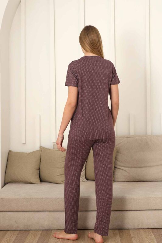 Fiyonklu Kadın Pijama Takımı - Gülkurusu Puantiyeli Kısa Kol Likralı 2828KY - 5