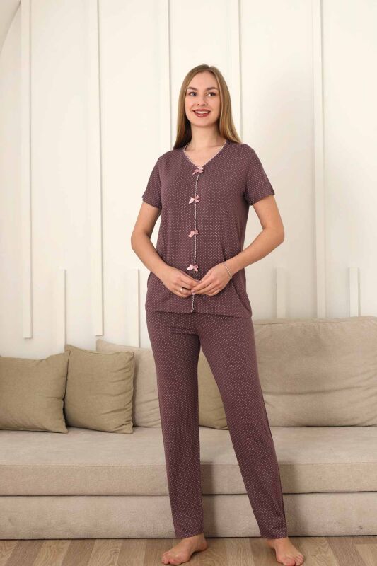 Fiyonklu Kadın Pijama Takımı - Gülkurusu Puantiyeli Kısa Kol Likralı 2828KY - 1