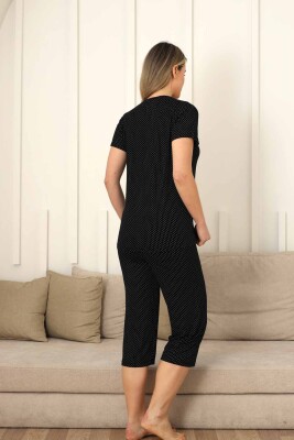 Fiyonklu Kadın Pijama Takımı - Siyah Puantiyeli Kapri Likralı 2828B - 3