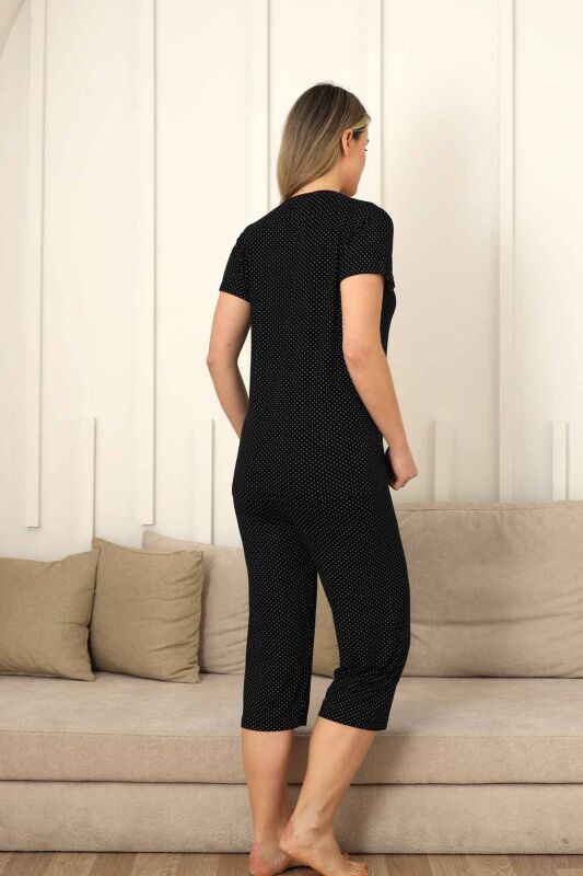 Fiyonklu Kadın Pijama Takımı - Siyah Puantiyeli Kapri Likralı 2828B - 3