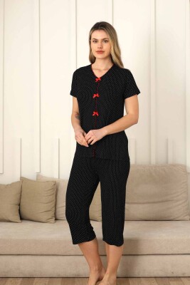 Fiyonklu Kadın Pijama Takımı - Siyah Puantiyeli Kapri Likralı 2828B - 1