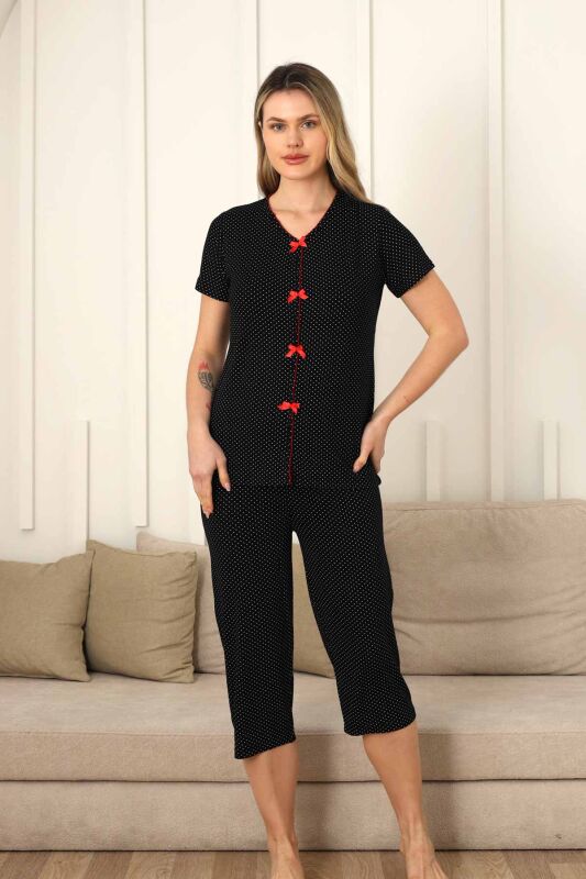 Fiyonklu Kadın Pijama Takımı - Siyah Puantiyeli Kapri Likralı 2828B - 4
