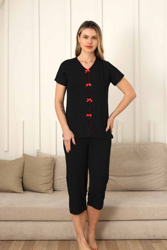 Fiyonklu Kadın Pijama Takımı - Siyah Puantiyeli Kapri Likralı 2828B - 5