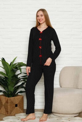 Fiyonklu Kadın Pijama Takımı - Siyah Puantiyeli Uzun Kol Likralı 2828UY - Alimer (1)