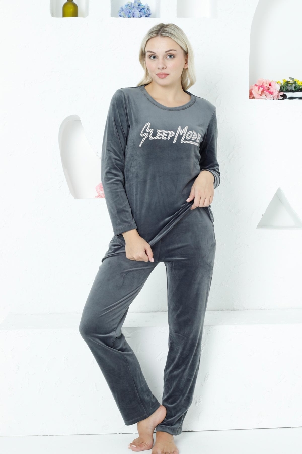 Kadife Kadın Pijama Takımı - Füme Sleep Mode İthal Kadife Cepli 2752UK - 1