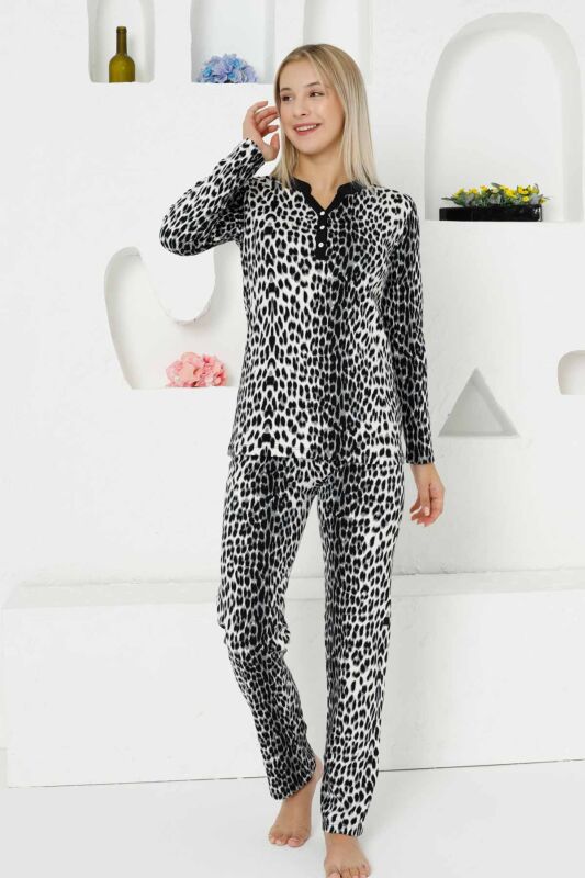 Gri Leopar Uzun Kollu Bayan Pijama Takımı 2761UK - 1