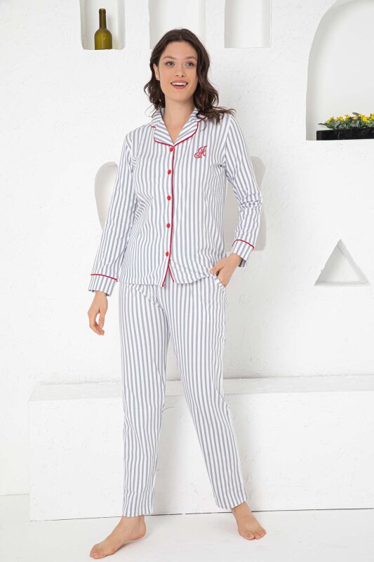 Gri Çizgili Gömlek Penye Pijama Takımı 2568UY - 4