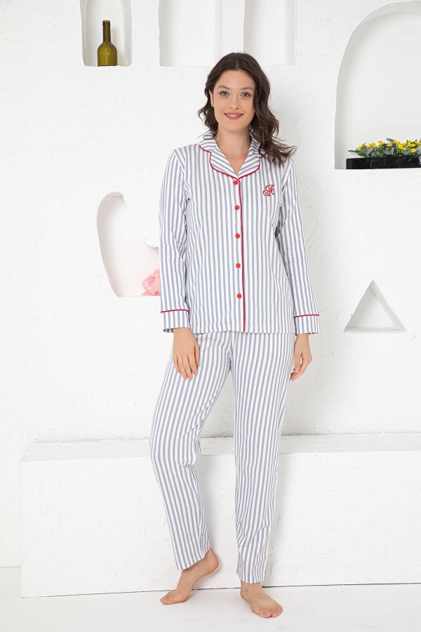 Gri Çizgili Gömlek Pijama Takımı 2568UKL - 1