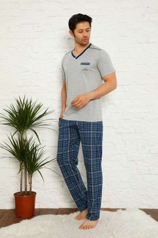 Gri Ekoseli Kısa Kollu Erkek Pijama Takımı 1167KY - 3