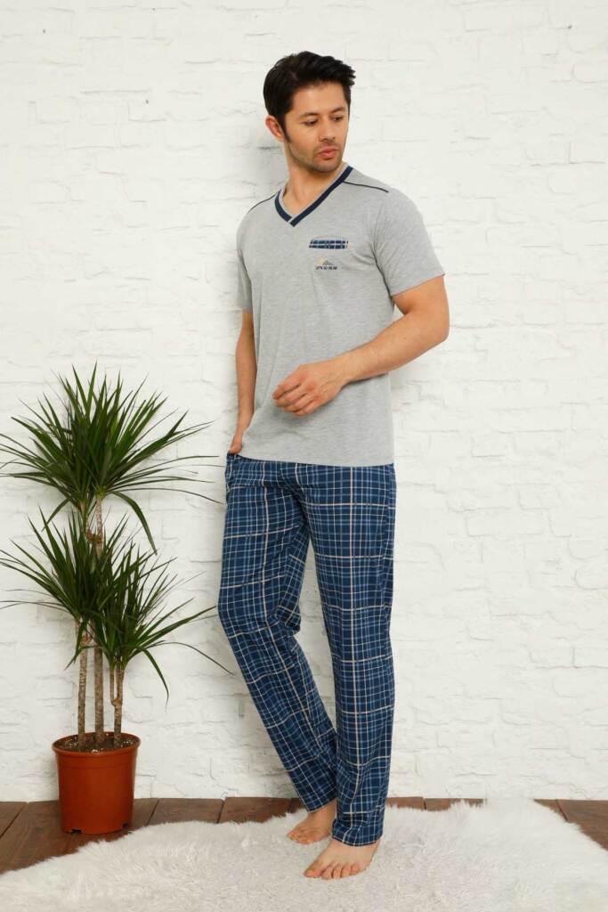 Gri Ekoseli Kısa Kollu Erkek Pijama Takımı 1167KY - 3