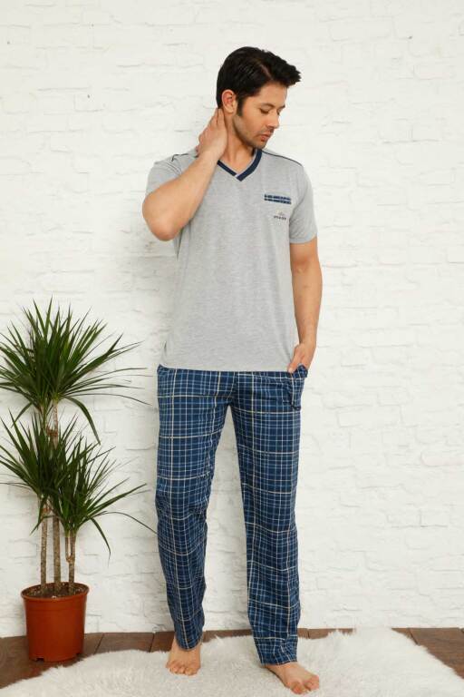 Gri Ekoseli Kısa Kollu Erkek Pijama Takımı 1167KY - 4