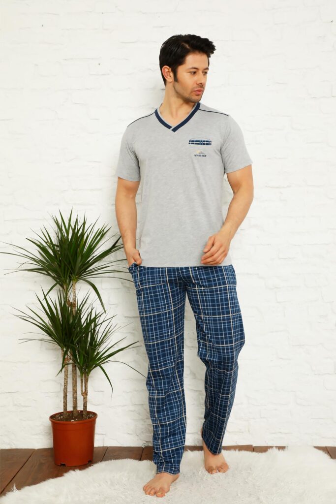 Gri Ekoseli Kısa Kollu Erkek Pijama Takımı 1167KY - 1