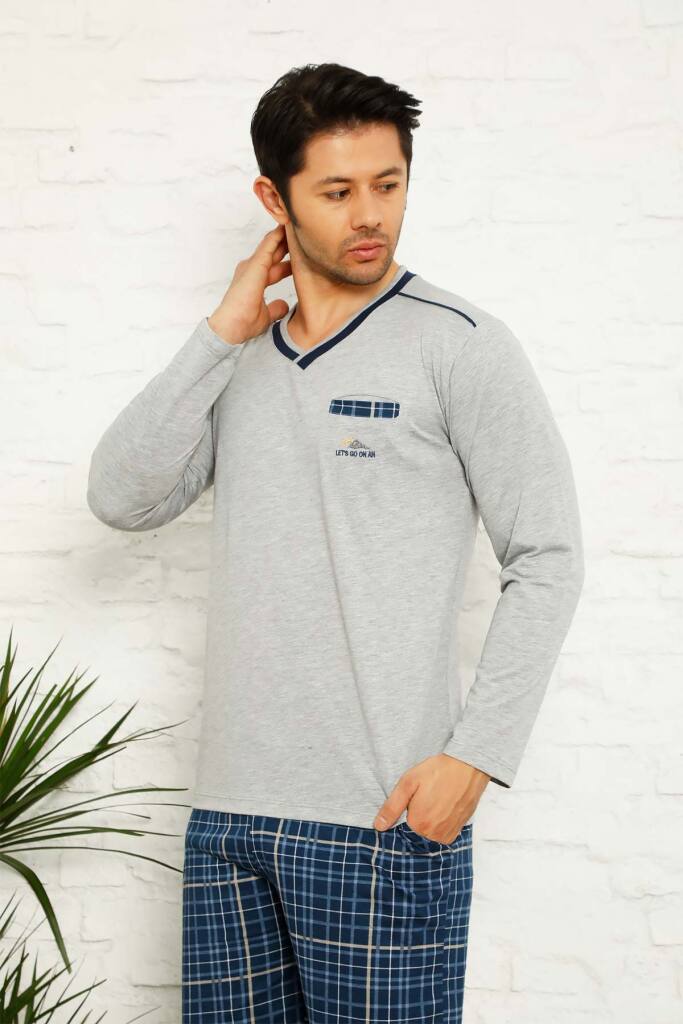 Gri Ekoseli Uzun Kollu Erkek Pijama Takımı 1167UY - 2