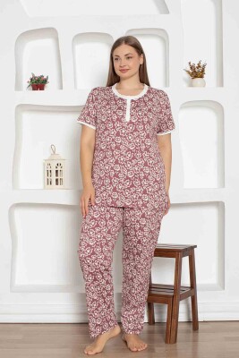 Gül Kurusu Çiçek Desenli Büyük Beden Bayan Pijama Takımı 2794KYB - Alimer