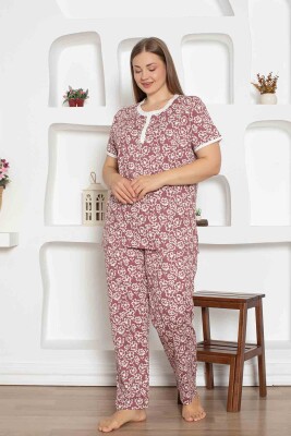 Gül Kurusu Çiçek Desenli Büyük Beden Bayan Pijama Takımı 2794KYB - Alimer (1)