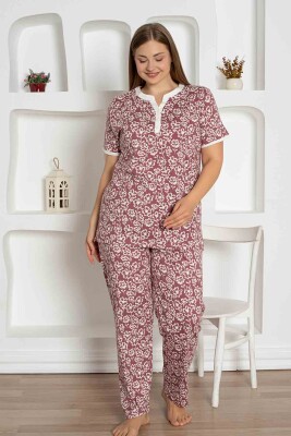 Gül Kurusu Çiçek Desenli Büyük Beden Bayan Pijama Takımı 2795KYB - Alimer (1)