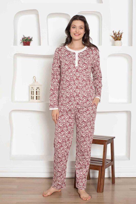 Gül Kurusu Çiçek Desenli Penye Bayan Pijama Takımı 2794UY - 1