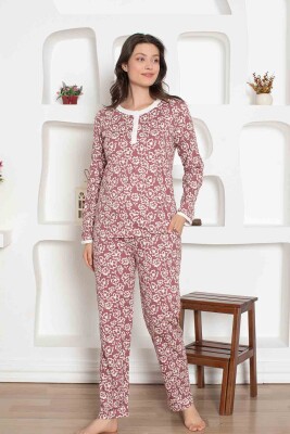 Gül Kurusu Çiçek Desenli Penye Bayan Pijama Takımı 2794UY - 2