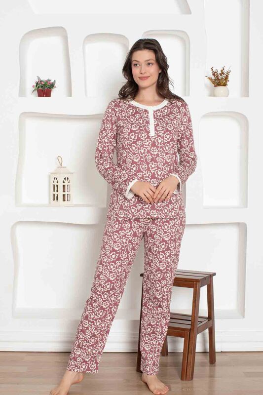 Gül Kurusu Çiçek Desenli Penye Bayan Pijama Takımı 2794UY - 3