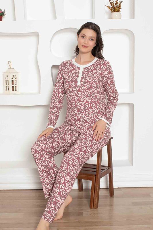 Gül Kurusu Çiçek Desenli Penye Bayan Pijama Takımı 2794UY - 4