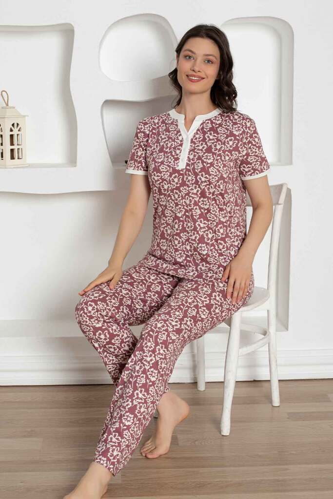 Gül Kurusu Çiçek Desenli Penye Bayan Pijama Takımı 2795KY - 2