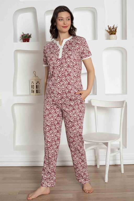 Gül Kurusu Çiçek Desenli Penye Bayan Pijama Takımı 2795KY - 4