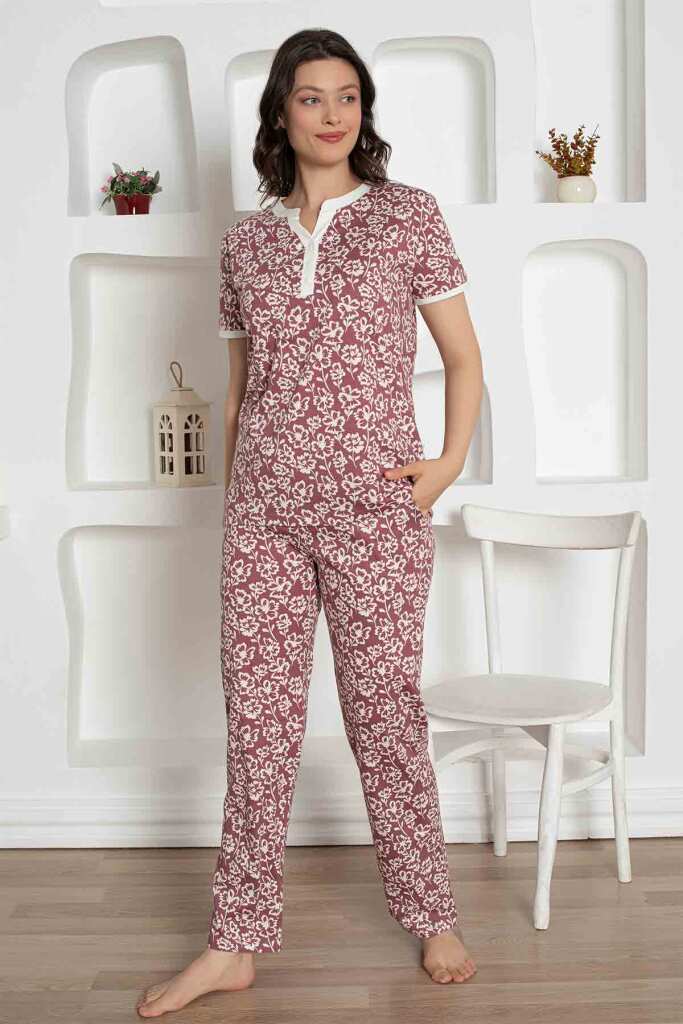 Gül Kurusu Çiçek Desenli Penye Bayan Pijama Takımı 2795KY - 4
