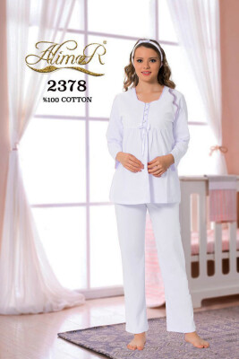 Hamile Lohusa Pijama Takımı - Ekru Dantel Detaylı Saç Bantlı Uzun Kollu 2378 - 1