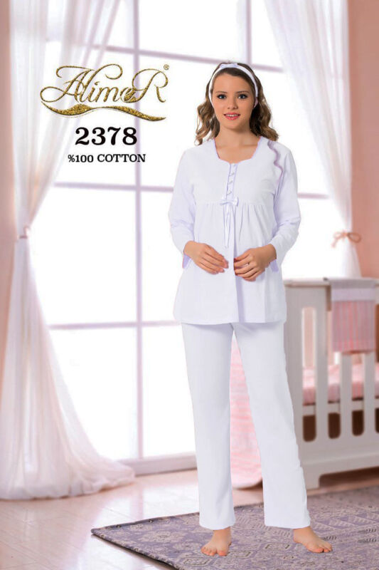 Hamile Lohusa Pijama Takımı - Ekru Dantel Detaylı Saç Bantlı Uzun Kollu 2378 - 1