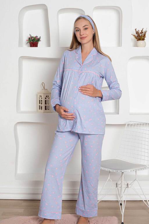 Hamile Lohusa Pijama Takımı - Mavi Kalpli Saç Bantlı Uzun Kollu Penye 2796 - 1
