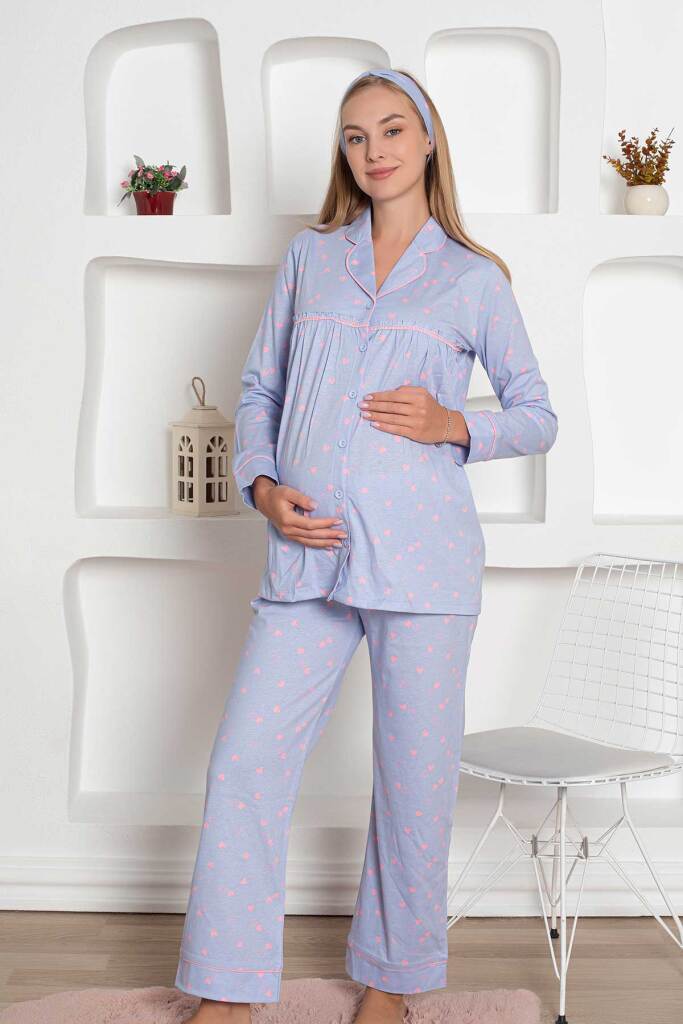 Hamile Lohusa Pijama Takımı - Mavi Kalpli Saç Bantlı Uzun Kollu Penye 2796 - 1