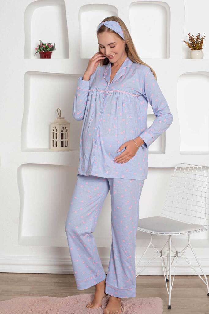 Hamile Lohusa Pijama Takımı - Mavi Kalpli Saç Bantlı Uzun Kollu Penye 2796 - 4