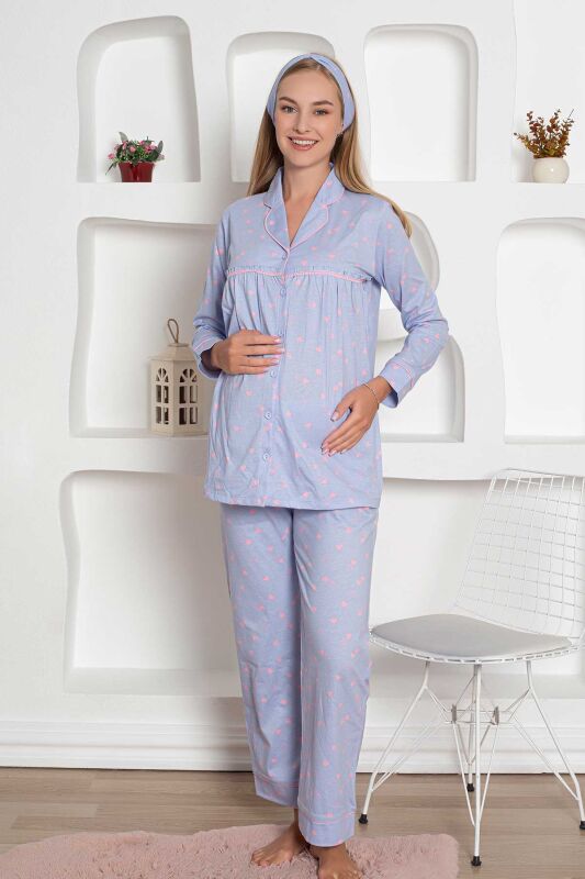 Hamile Lohusa Pijama Takımı - Mavi Kalpli Penye 2796 - 1