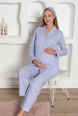 Hamile Lohusa Pijama Takımı - Mavi Kalpli Penye 2796 - 5