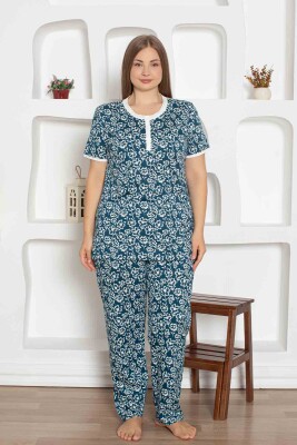 İndigo Çiçek Desenli Büyük Beden Bayan Pijama Takımı 2794KYB - Alimer